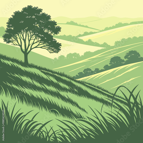 Stylized grassland horizon featuring a repeating, abstract vector wave pattern in warm earth tones, illustration.