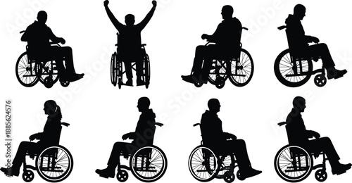 Wheelchair user silhouettes set showing disabled people active poses celebrating independence accessibility mobility vector illustration isolated background