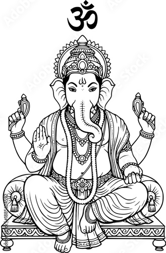 Lord Ganesha vector illustration in detailed black and white line art style, depicted seated on a sacred lotus with four arms and the Om symbol above his head