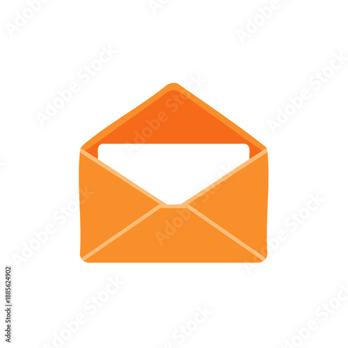 Open orange envelope with blank paper sheet for business communication or invitation card design against plain background