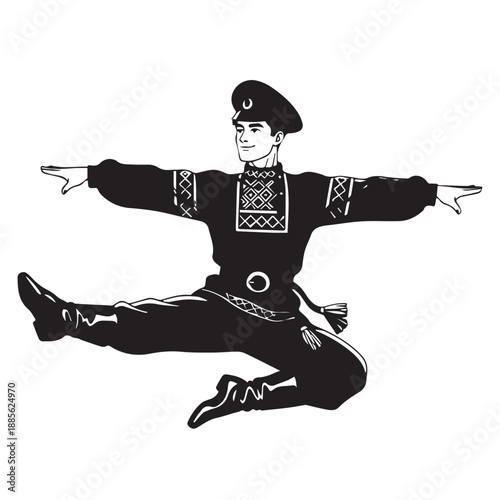 Traditional folk dancer in mid-air jump wearing ornate cultural attire.