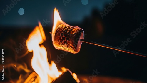 Grilled marshmallow on stick over campfire flames at night outdoor adventure