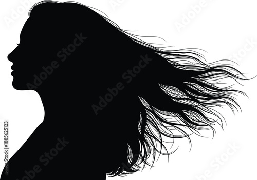 Woman profile silhouette with long flowing hair in motion, elegant female side view portrait isolated on white background vector illustration
