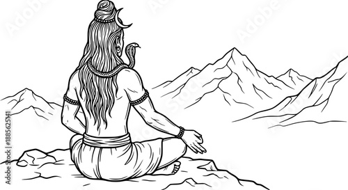 Lord Shiva meditating vector illustration in black and white line art style, showing a peaceful back view of Shiva seated in meditation facing the mountains.