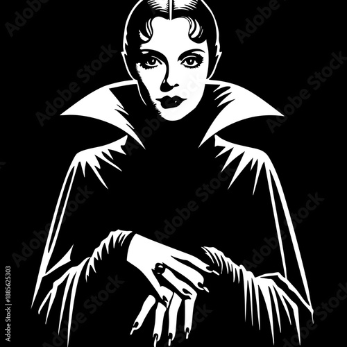 Vampire Lady: High collar vampire woman in a dark cape.