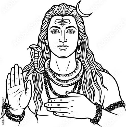 Lord Shiva Adiyogi inspired vector illustration in detailed black and white line art style, adapted from the iconic Adiyogi Shiva statue pose