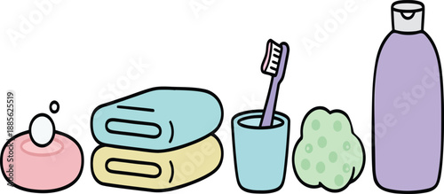 Bathroom essentials arranged in a line including soap towels toothbrush sponge and shampoo bottle soap bar
