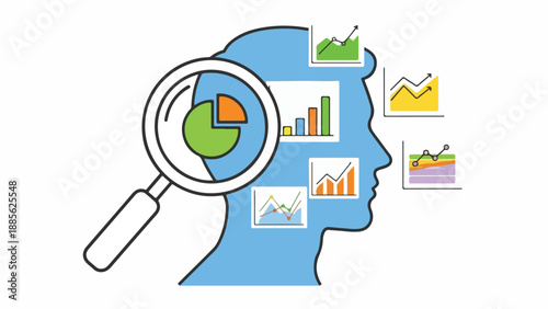 Human head silhouette with magnifying glass analyzing data charts and graphs, representing business intelligence, strategic thinking, market research, and insightful analysis.
