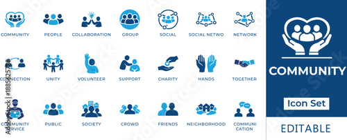 Community and social connection icon set featuring collaboration, volunteer work, charity, unity, public society, neighborhood, and collective support symbols for social networking.