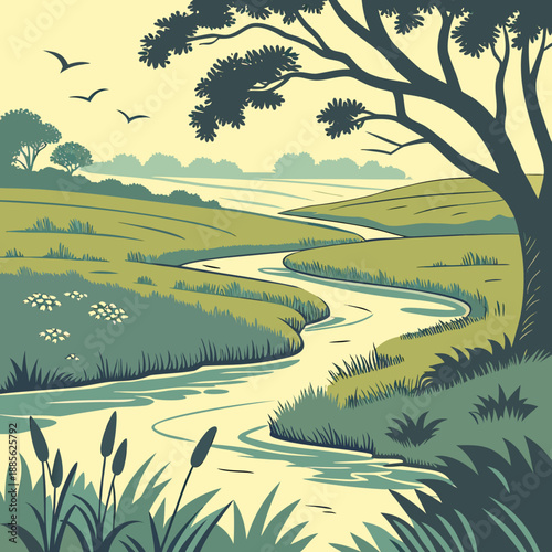 Stylized wetland landscape with organic vector shapes, serene marshland from above, calm water and reeds