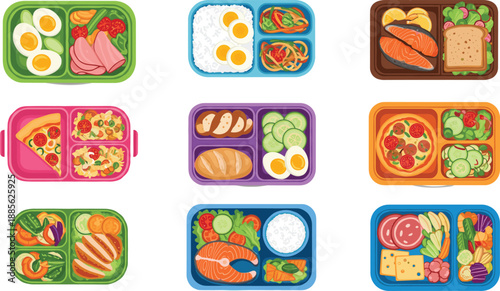 Healthy lunchbox meal vector set with balanced bento boxes, school lunches, protein, vegetables and fresh food portions isolated on white background for nutrition design