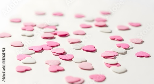 Scattered pink and white heart-shaped confetti on a plain surface viewed from above
