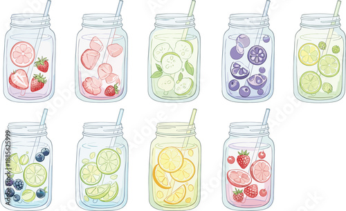 Refreshing fruit infused water vector set with mason jars, citrus slices, berries and colorful detox drinks isolated on white background for summer and healthy lifestyle design