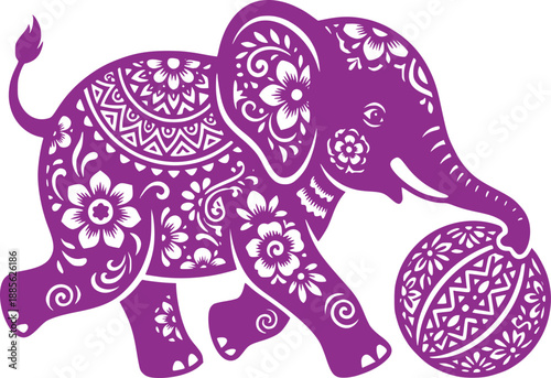 Decorative silhouette of a cute baby elephant running around playing ball