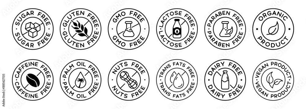 © t1m0n344 - Set Of Food Allergens Icon Badges Vector Design. Gluten free, Zero Sugar, Non Gmo, Plant Based, No Palm Oil. © t1m0n344 - Set Of Food Allergens Icon Badges Vector Design. Gluten free, Zero Sugar, Non Gmo, Plant Based, No Palm Oil.