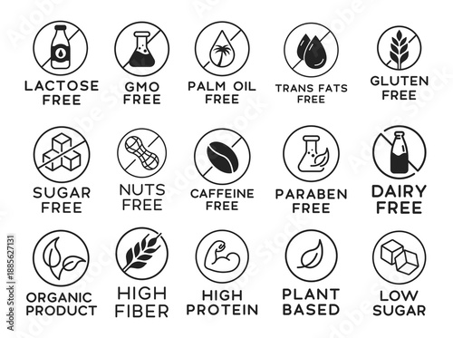 Set Of Food Allergens Icon Badges Vector Design. Gluten free, Zero Sugar, Non Gmo, Plant Based, No Palm Oil.