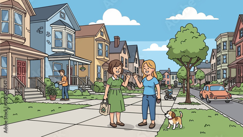 Couple walking with dog in suburban neighborhood street scene illustration f9aaf420