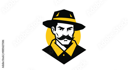 Man portrait with mustache in hat, black and gold colors