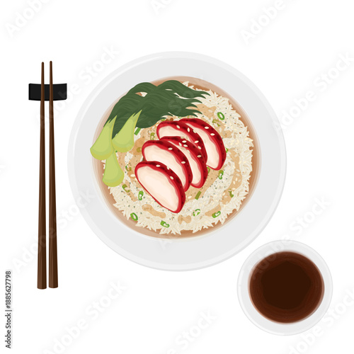 Vector Illustration logo Clip art Top View Chicken Char Siu with Rice