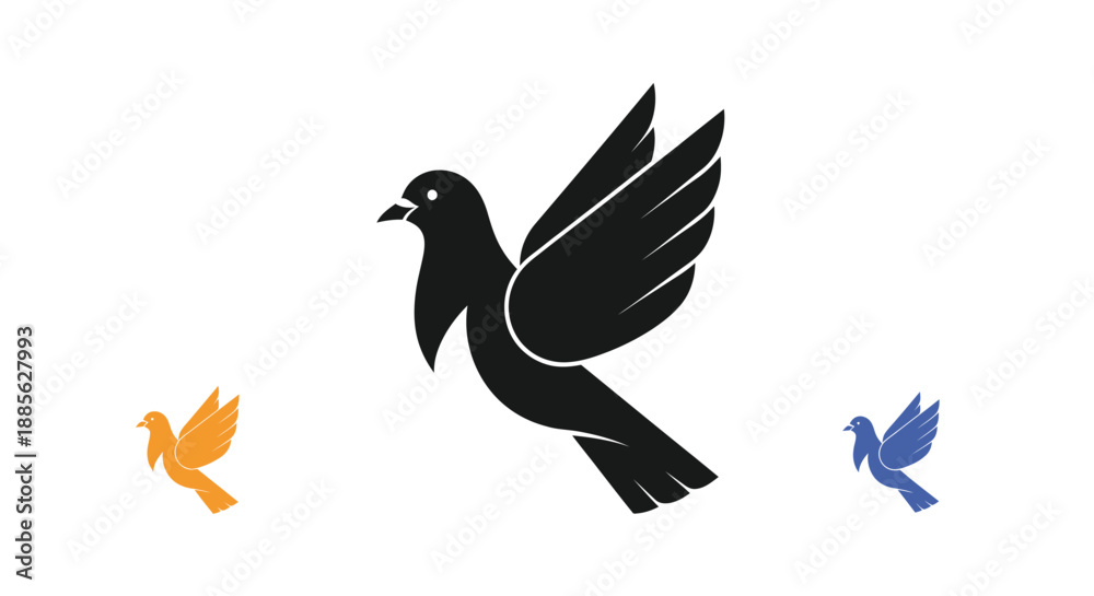 Fototapeta premium Dove in flight. Three colored copies (black, orange, blue)