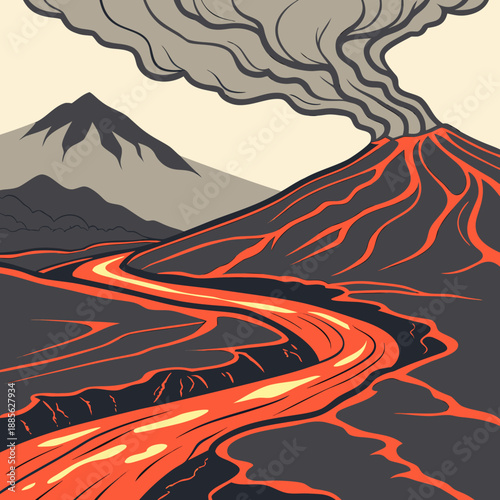 Stylized volcanic landscape featuring bold lava flows in a modern flat vector illustration.
