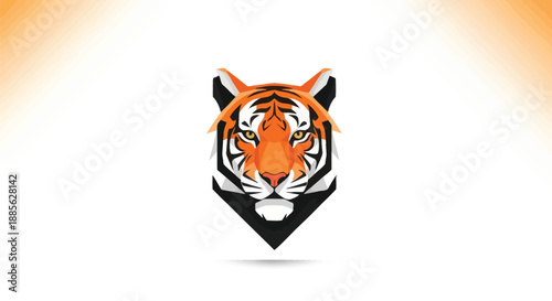 Polygonal tiger portrait in orange, black and white. Geometric design, fierce eyes
