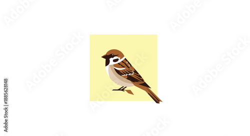 Stylized vector of a sparrow, perched against pale yellow backdrop