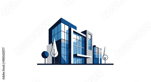 Modern geometric building with blue windows and stylized trees