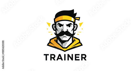 Illustrated figure with large mustache wearing a yellow headband and hoodie