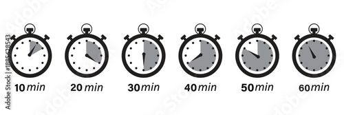 Set of ten stopwatch icons in black and multi-colored styles featuring time interval shading for productivity and fitness apps