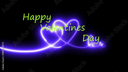 14th February Happy Valentine’s Day 2026 neon sign with glowing heart and romantic couple face outline on dark background.