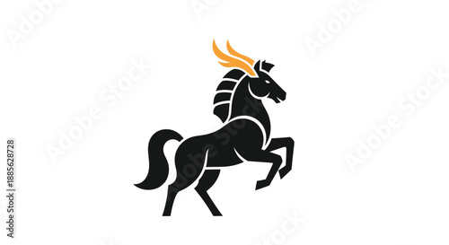 Stylized black horse on hind legs with orange plumes