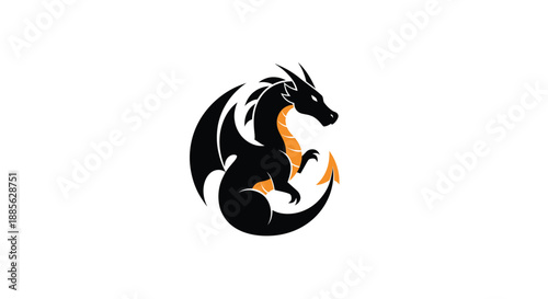 Stylized black dragon, orange accent, curled