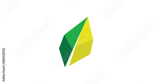 Geometric design with green/yellow, sharp angles, creating a flat, stylized leaf-like or angular droplet shape