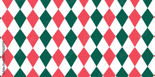 Christmas rhombus seamless pattern. Red and green xmas plaid texture with gold line. Argyle geometric diamond pattern. Christmas abstract wrapping bg. Vector illustration isolated on white background.