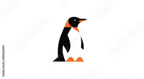 Stylized penguin, black and white with orange beak/feet/neck, on white