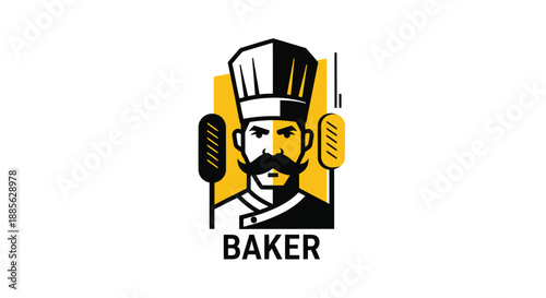 Baker logo chef with mustache and bread paddles