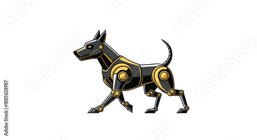 Metallic dog with golden joints on a white background