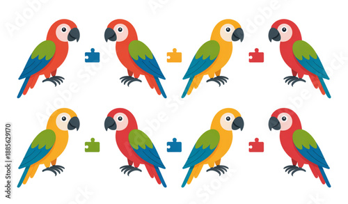 Matching Game Puzzle with Colorful Cartoon Parrots for Kids