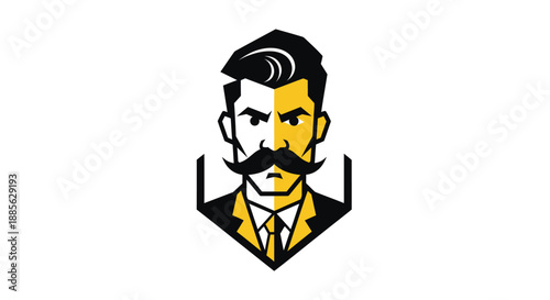 Sharp-edged illustration of a man in a suit with a mustache, divided by color, set within a geometric frame