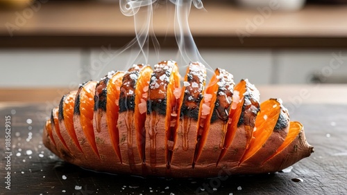 Grilled carrot hot dog with smoky toppings on dark slate board