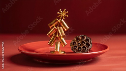 Golden fireworks and lotus seed pod on a red plate, expressing festive celebration or Used for cultural events
