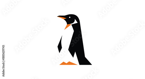 Stylized penguin with geometric shapes, black and white plumage and orange beak and feet on a white background