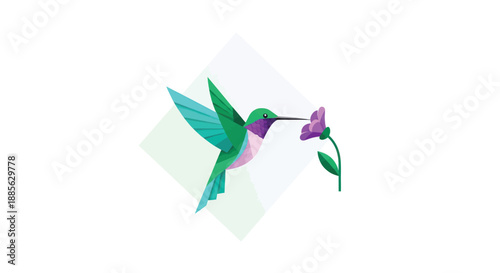 Geometric hummingbird sips from flower