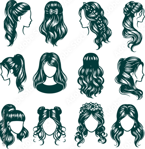 Set of Women Hairstyle Silhouettes   Modern Haircut and Bridal Hair Styling Icons for Beauty Salon Branding