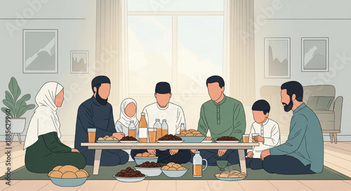 family dinner ramadan eid celebration togetherness festive meal hijab children lanterns illustration

