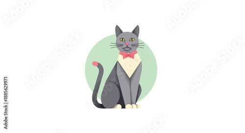 Gray cat with pink bow, cartoon style, seated, green circle background
