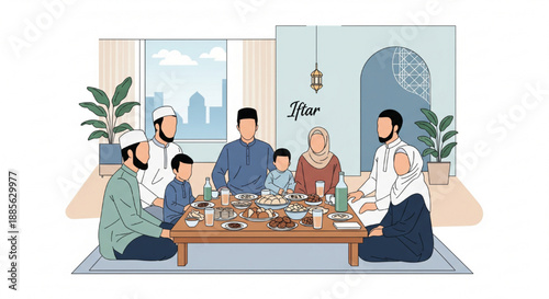 family dinner ramadan eid celebration togetherness festive meal hijab children lanterns illustration

