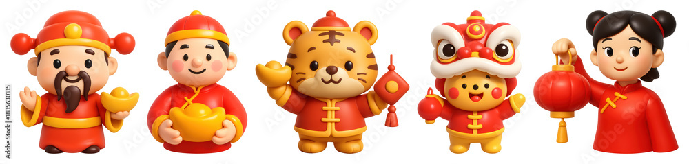 Naklejka premium PNG Festive cartoon characters celebrating element set, transparent background