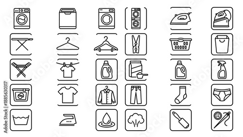 Laundry and ironing icons set. Clean outline vector design with rounded corners. Housework, washing machine, detergent, dryer, ironing board, clothes hanger, basket, garment care symbols